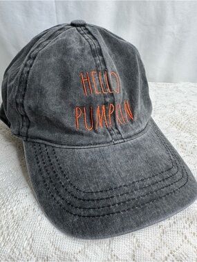 Rae Dunn Hello Pumpkin Gray Distressed Cap Adjustable Women Fall Hat
